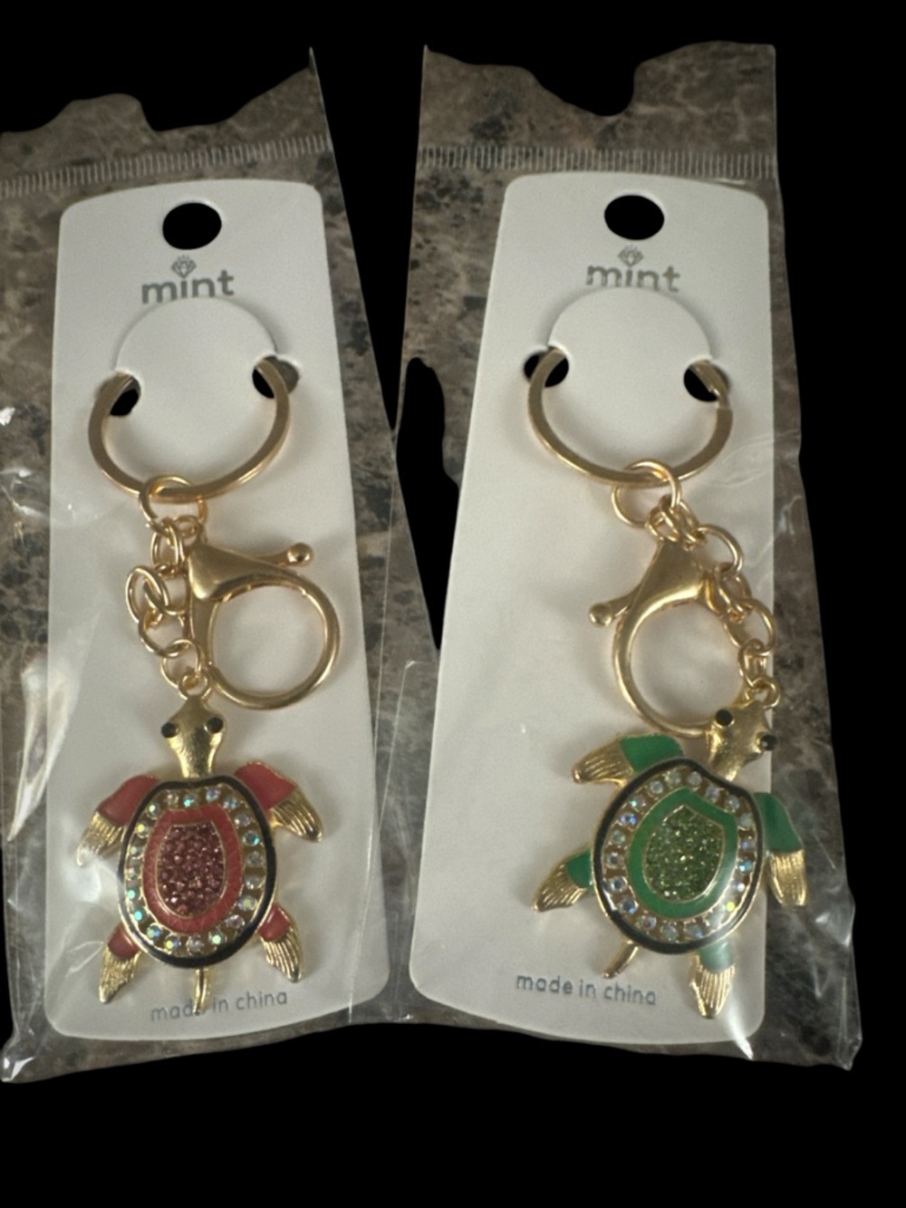 Mint Gold Turtle Keychains/Bag Charm PICK ONE - PINK OR GREEN